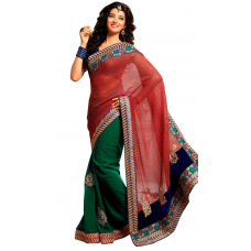 Superb Traditional Patch Worked Party Wear Georgette Jacquard Half-Half Saree 